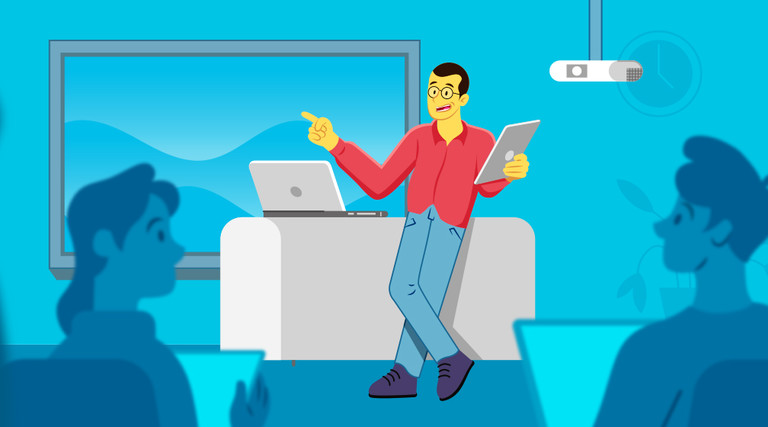 Teacher using new tech in classroom illustration